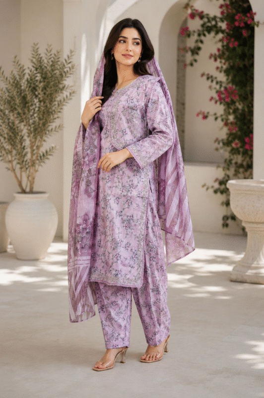 lavender bloom 3 piece printed lawn suit