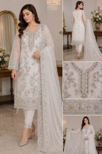 Ivory White Unstitched Net 3-Piece Suit with Handwork Patches