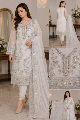 Ivory White Unstitched Net 3-Piece Suit with Handwork Patches