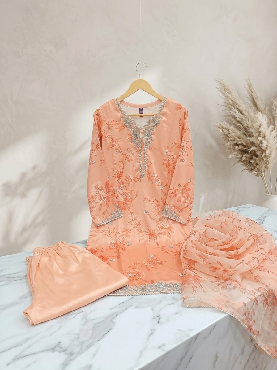 Printed kora work silk dress — Sale