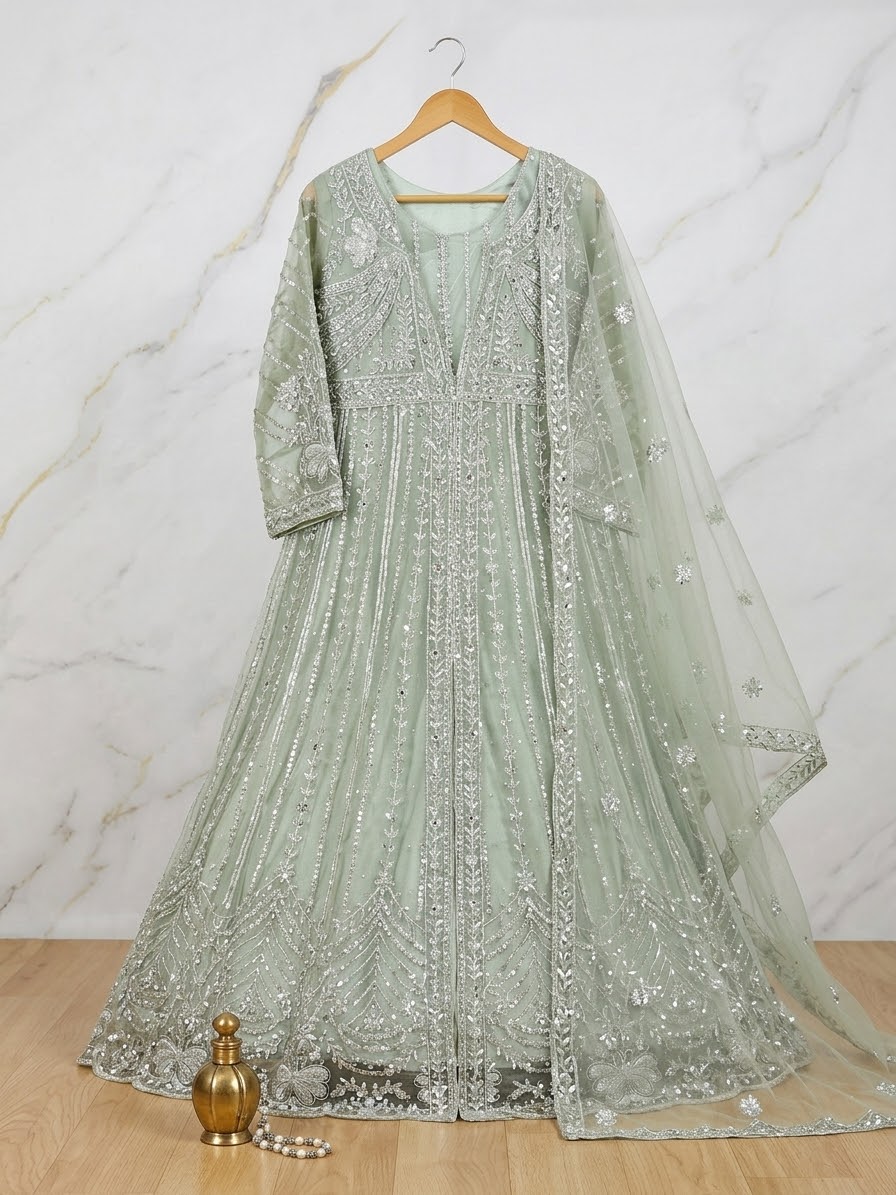 Majesty in Pistachio: Hand-Embroidered Anarkali