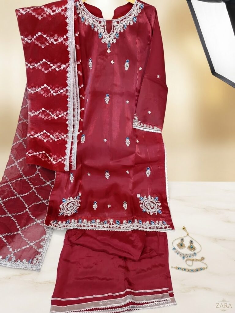 Maroon Sheesha Silk & Net 3-Piece Festive Outfit