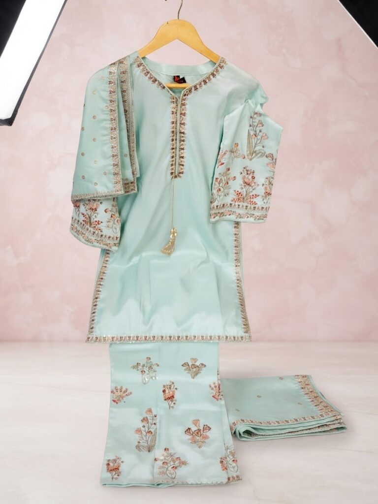 Mint Green Silk Embroidered 3-Piece Dress with Organza Dupatta