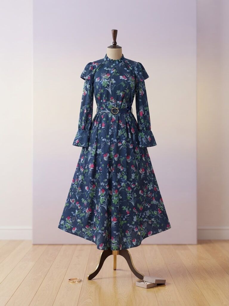 High-Neck Flared Floral Dress with Buckled Waist Belt