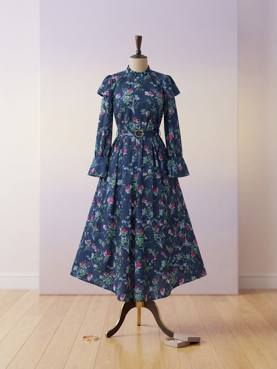 High-Neck Flared Floral Dress with Buckled Waist Belt