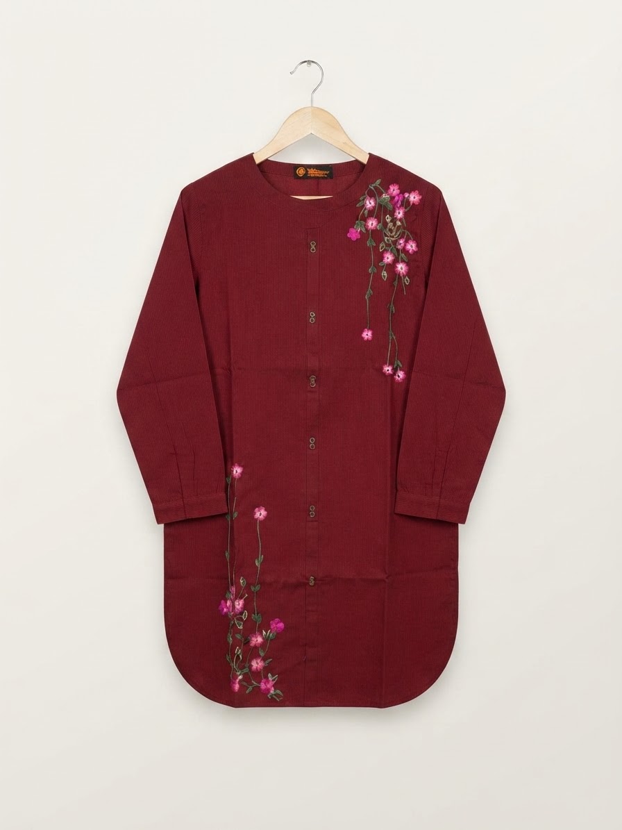 Maroon Floral Embroidered Cotton Tunic