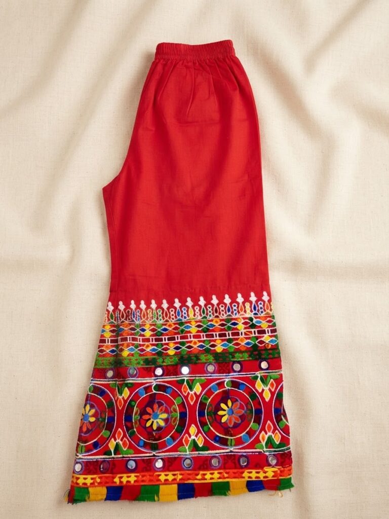Traditional Phulkari-Style Embroidered Beige Cotton Trousers for Girls | Elegant Ethnic Wear | Bakht Collection
