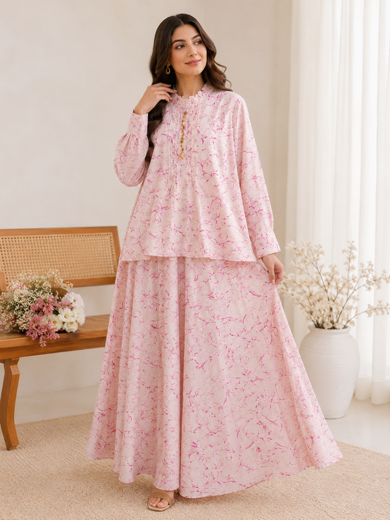 Blush Pink Floral Print Peplum & Sharara Co-ord Set