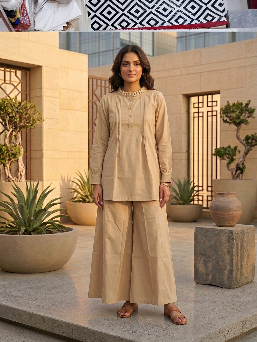 Solid Beige Pleated Peplum & Wide-Leg Trouser Co-ord Set