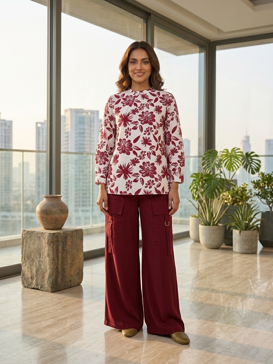 Maroon & White Floral Printed Top with Matching Cargo-Style Wide-Leg Trousers